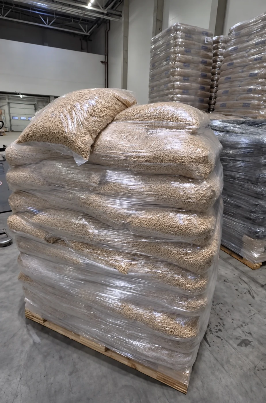 Full wrapped pallet of clear wood pellet bags in warehouse